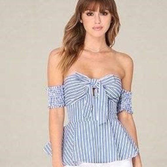 NWT Peplum Blue White, Off the shoulder Corset Bustier Top with Bow Bebe - Picture 2 of 6
